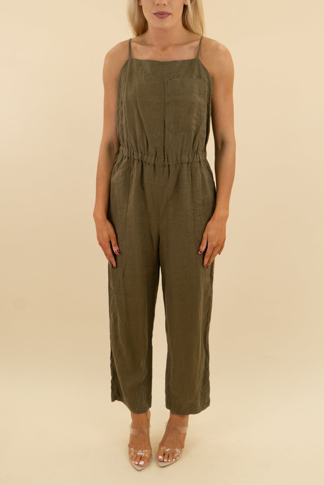everlane green/brown linen jumpsuit (m; retail $148)