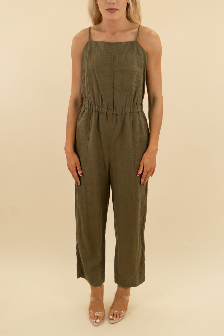 everlane green/brown linen jumpsuit (m; retail $148)