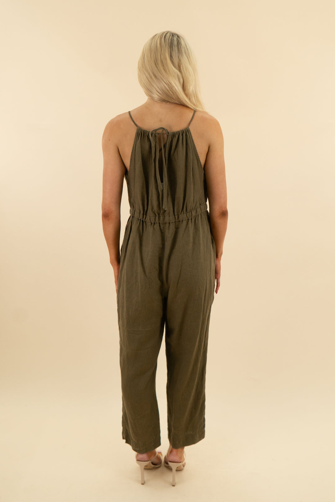 everlane green/brown linen jumpsuit (m; retail $148)