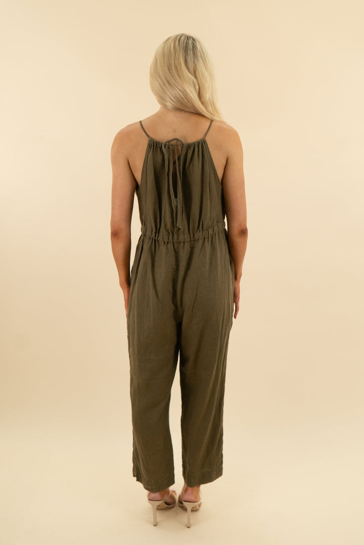 everlane green/brown linen jumpsuit (m; retail $148)