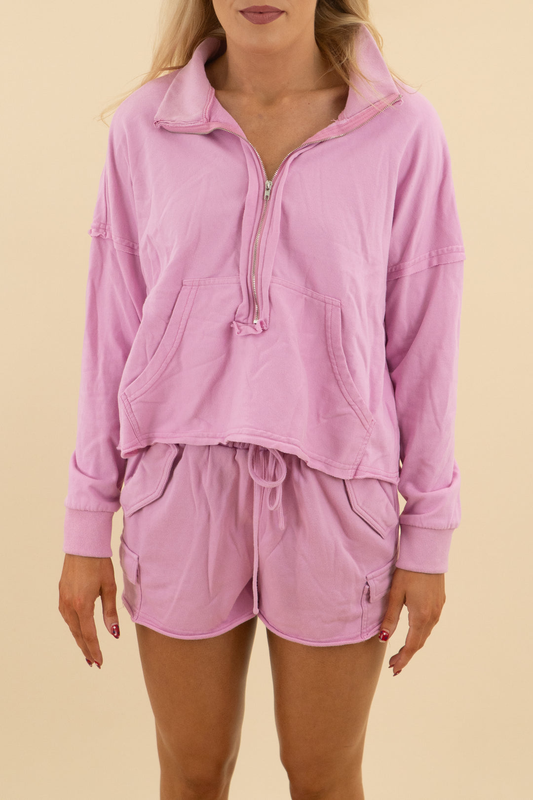 17. a peach pink long sleeve quarter zip short set (s; retail $55)