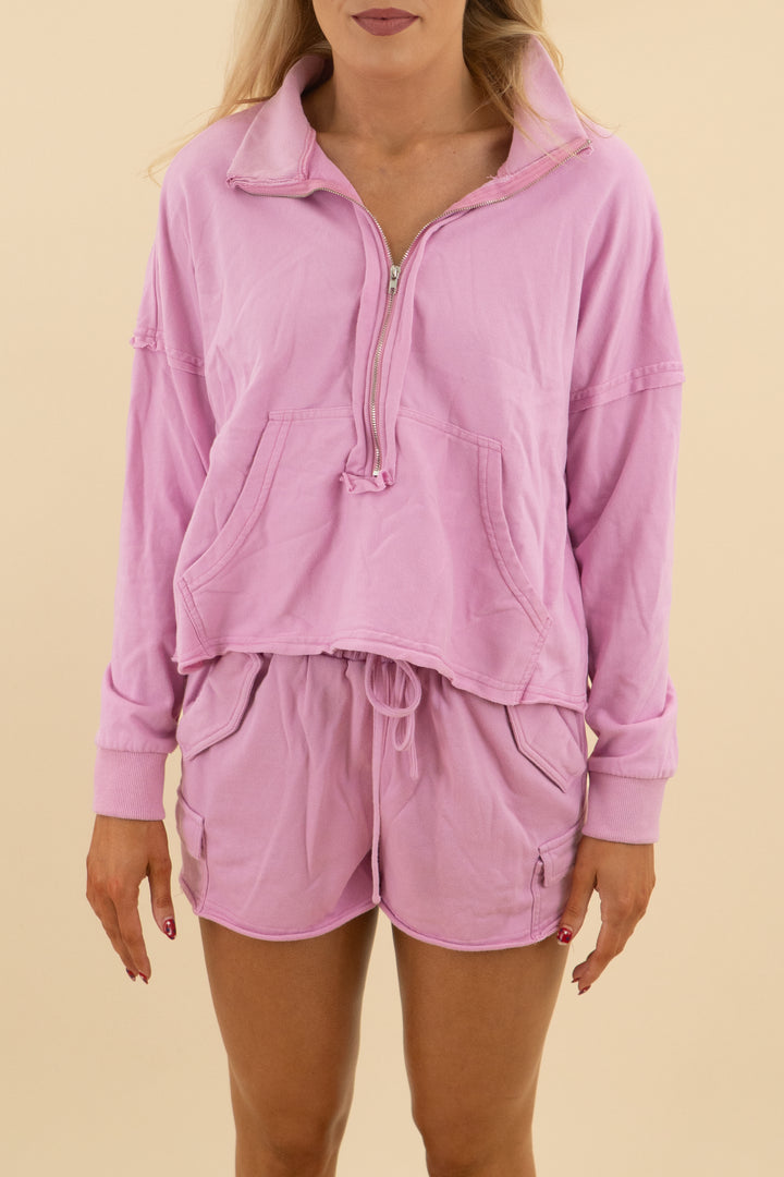 17. a peach pink long sleeve quarter zip short set (s; retail $55)