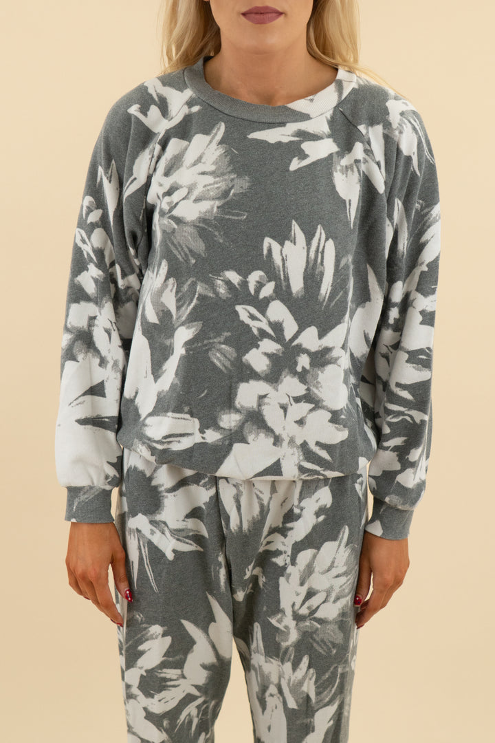wildfox grey and white floral crewneck (l; retail $79)