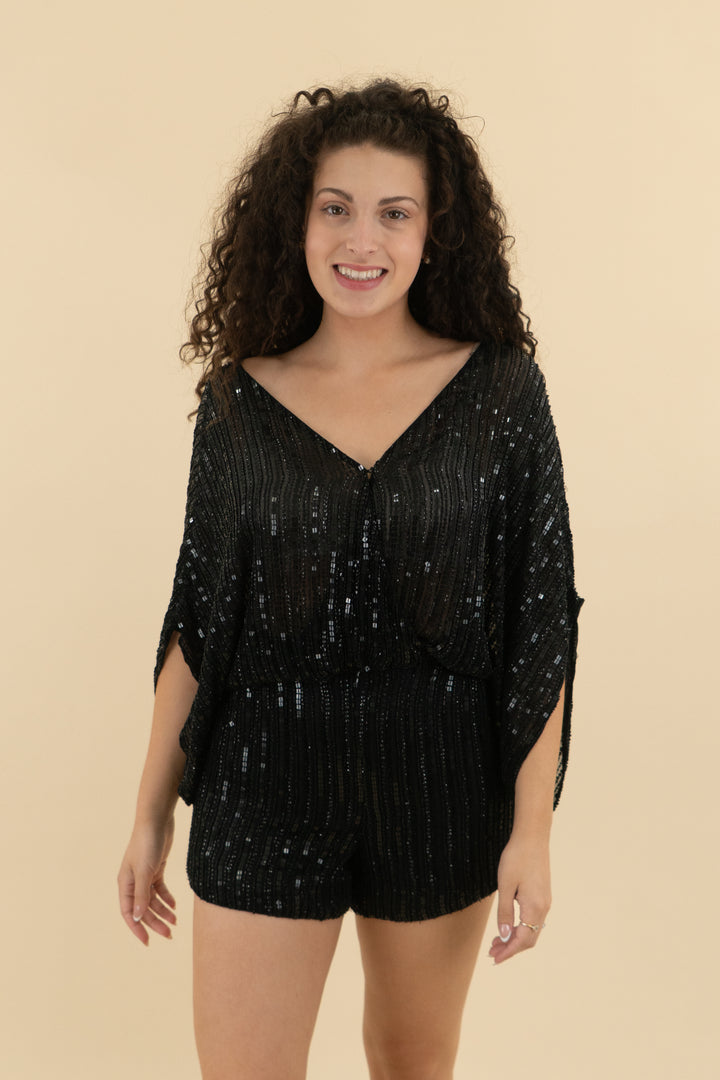 parker black sequin romper (m; retail $396)