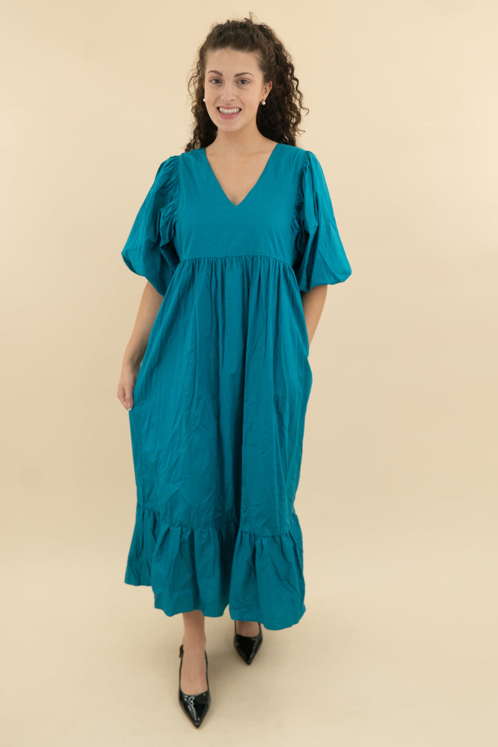 karlie teal balloon sleeve poplin maxi dress nwt (l; retail $138)