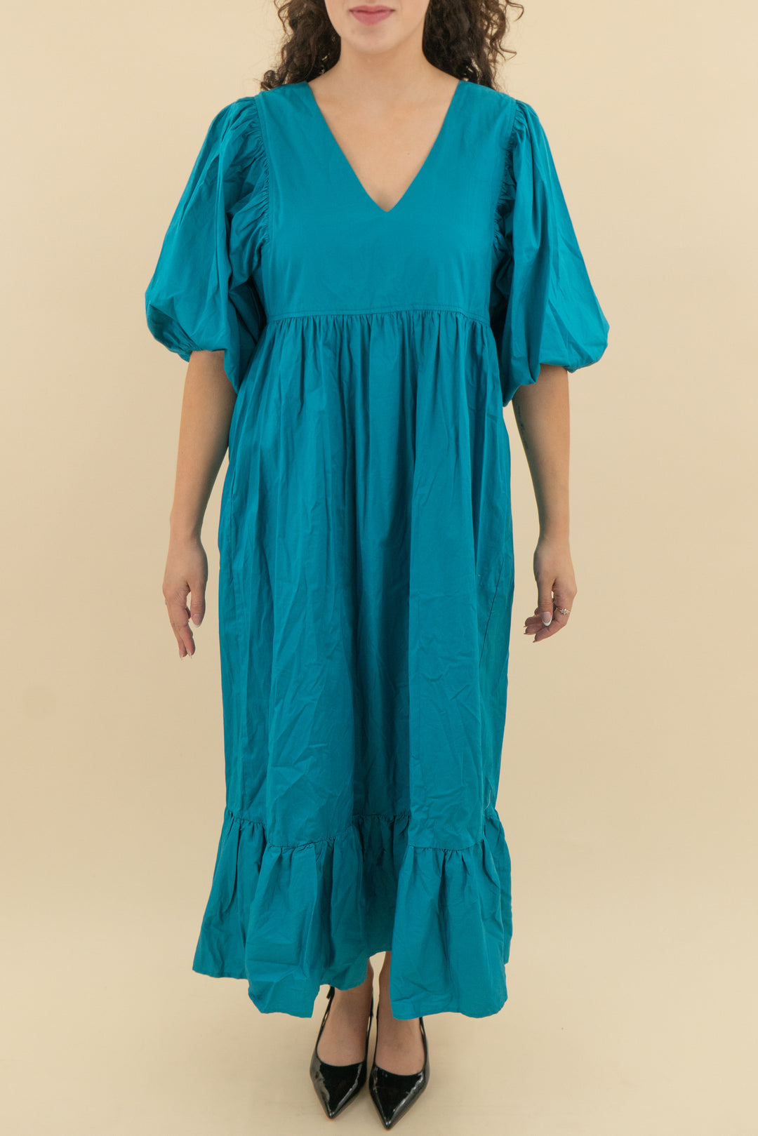 karlie teal balloon sleeve poplin maxi dress nwt (l; retail $138)