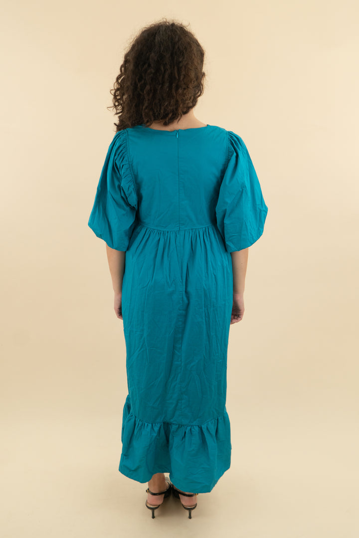 karlie teal balloon sleeve poplin maxi dress nwt (l; retail $138)