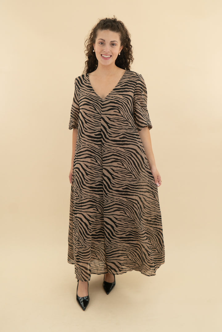 48. petal+pup brown zebra print balloon sleeve maxi dress (10; retail $78)