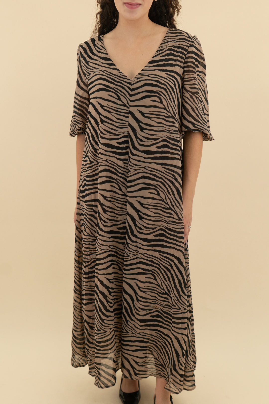 48. petal+pup brown zebra print balloon sleeve maxi dress (10; retail $78)