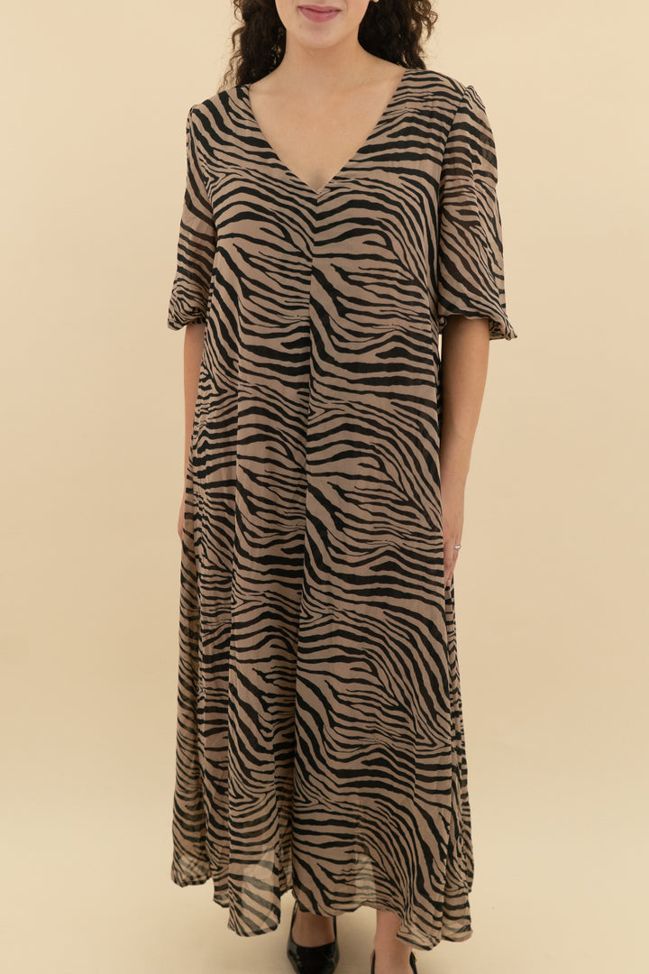 48. petal+pup brown zebra print balloon sleeve maxi dress (10; retail $78)
