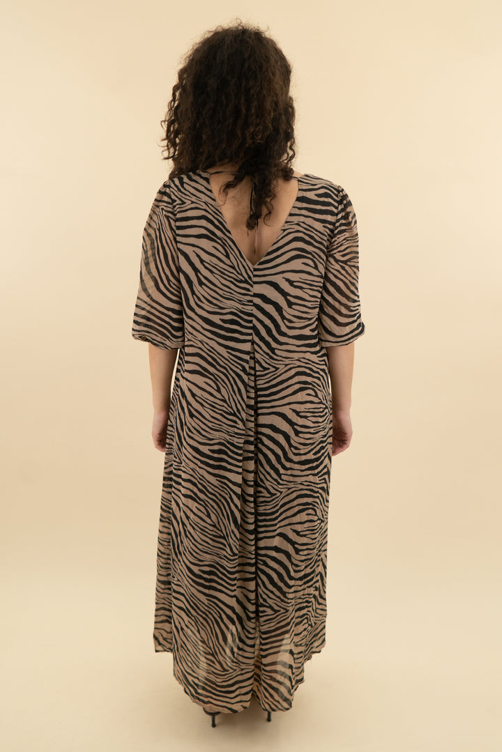 48. petal+pup brown zebra print balloon sleeve maxi dress (10; retail $78)