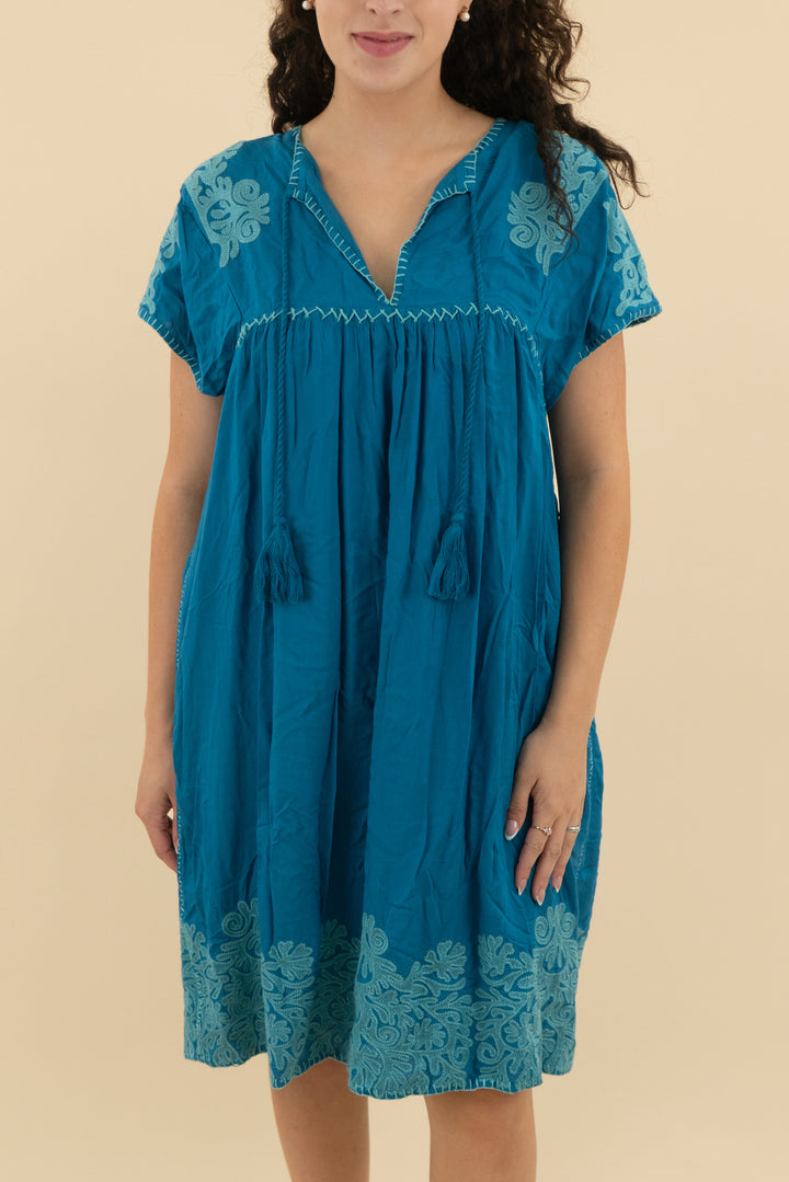 sundance blue embroidered short sleeve midi dress (m; retail $248)