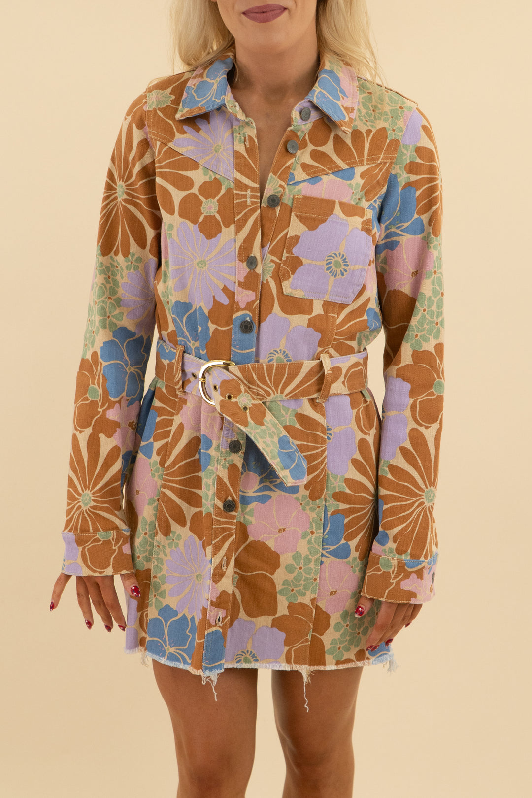 32. show me your mumu mulitcolor retro floral print denim dress (m; retail $158)