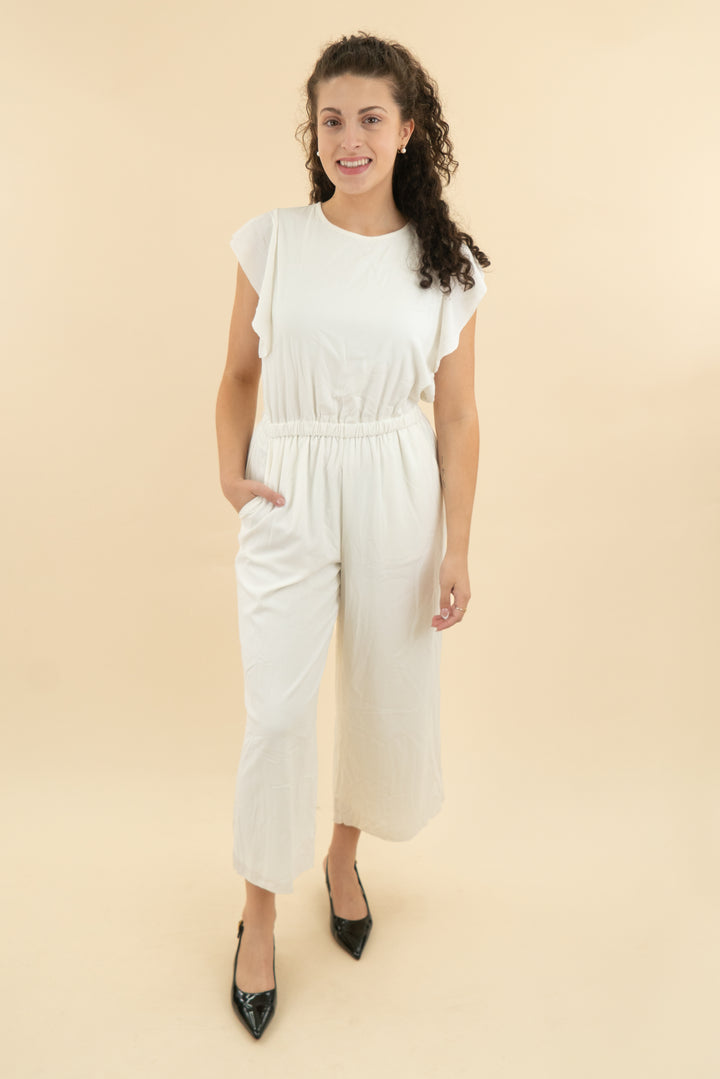 moda ref white flutter sleeve flare pant jumpsuit (m; retail $80)