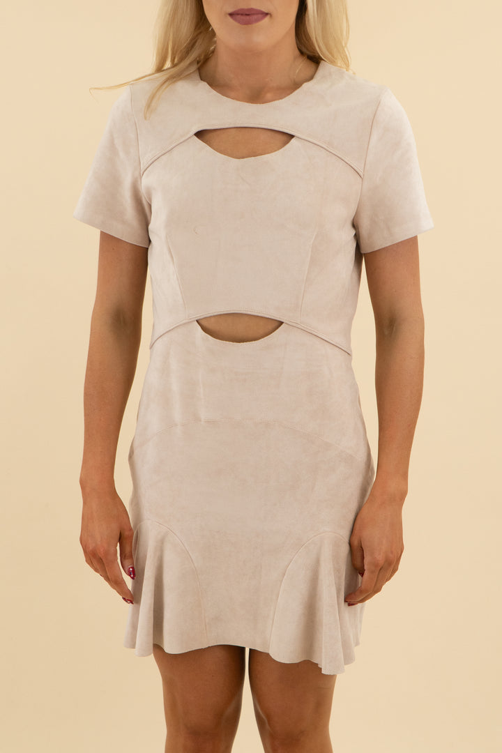 new friends colony light faux suede ruffle hem dress (m; retail $110)