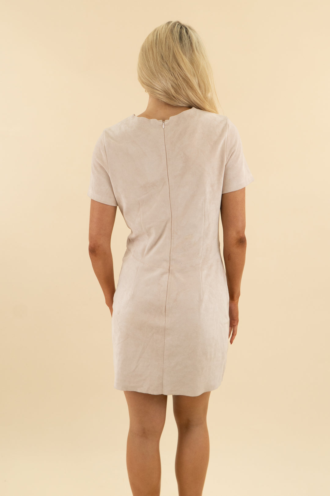 new friends colony light faux suede ruffle hem dress (m; retail $110)
