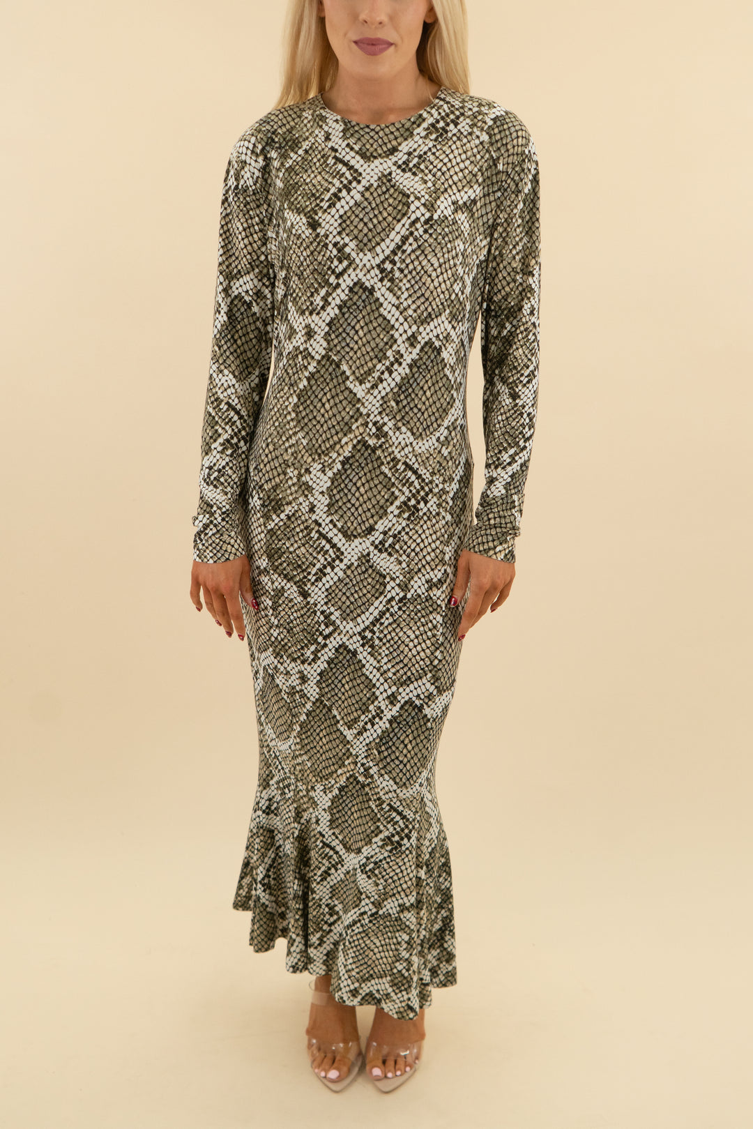 norma kamali army green long sleeve snake print maxi dress (l; retail $338)