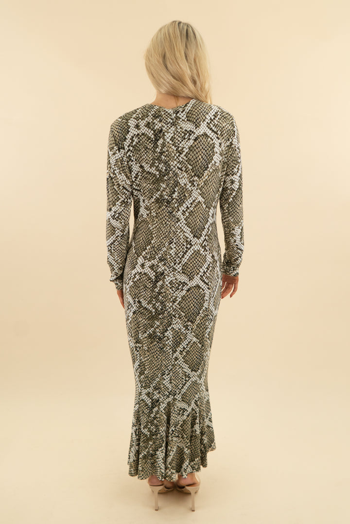norma kamali army green long sleeve snake print maxi dress (l; retail $338)