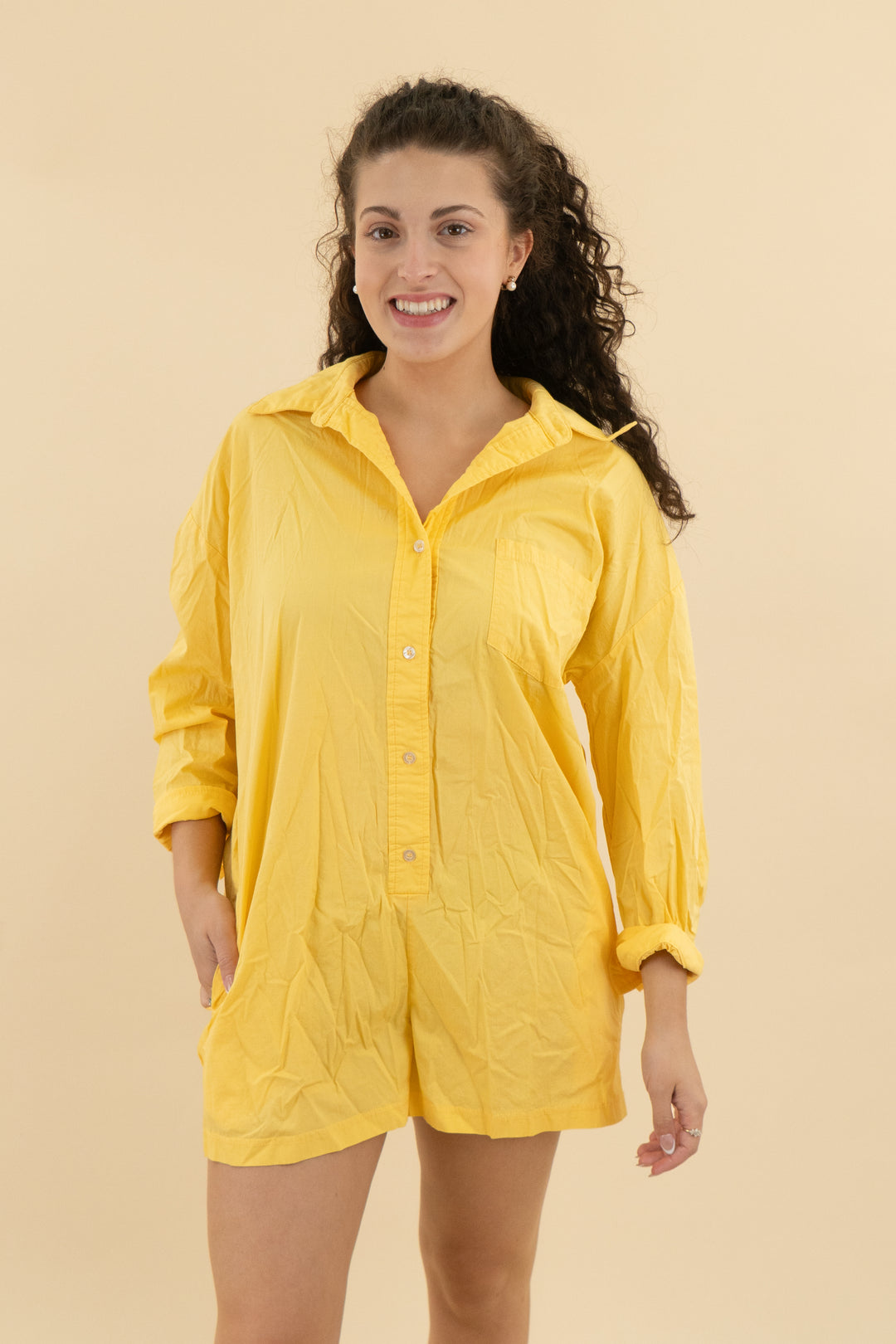 dee elly golden yellow button down romper (m; retail $88)