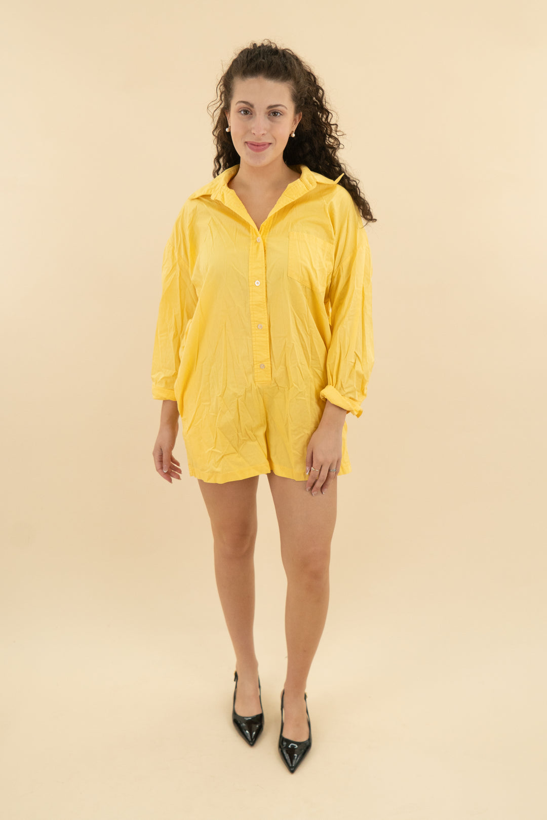 dee elly golden yellow button down romper (m; retail $88)