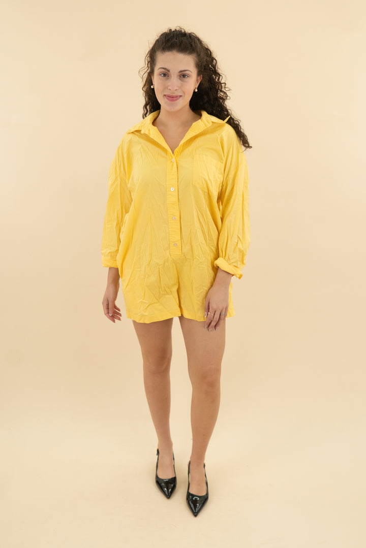 dee elly golden yellow button down romper (m; retail $88)