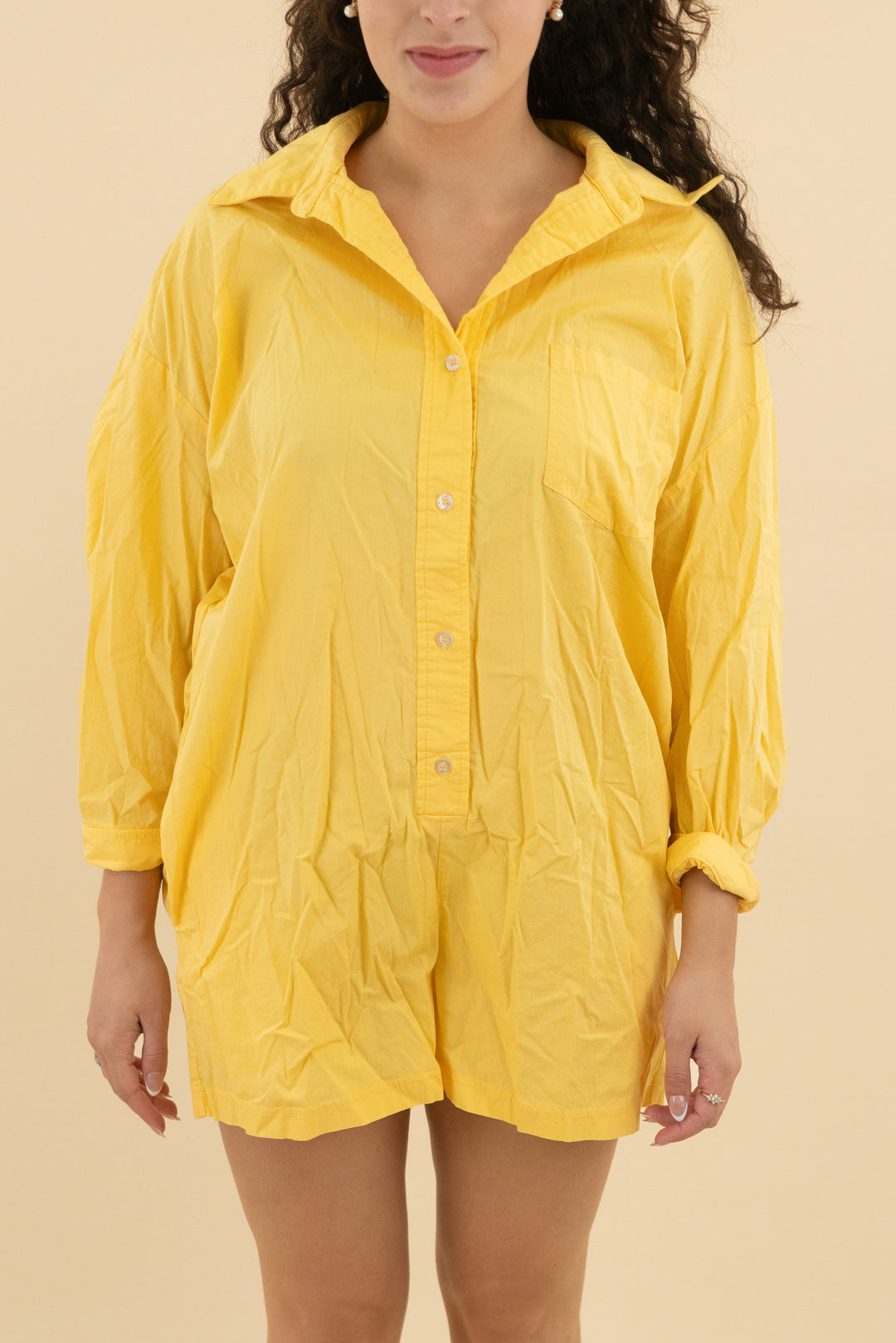 dee elly golden yellow button down romper (m; retail $88)