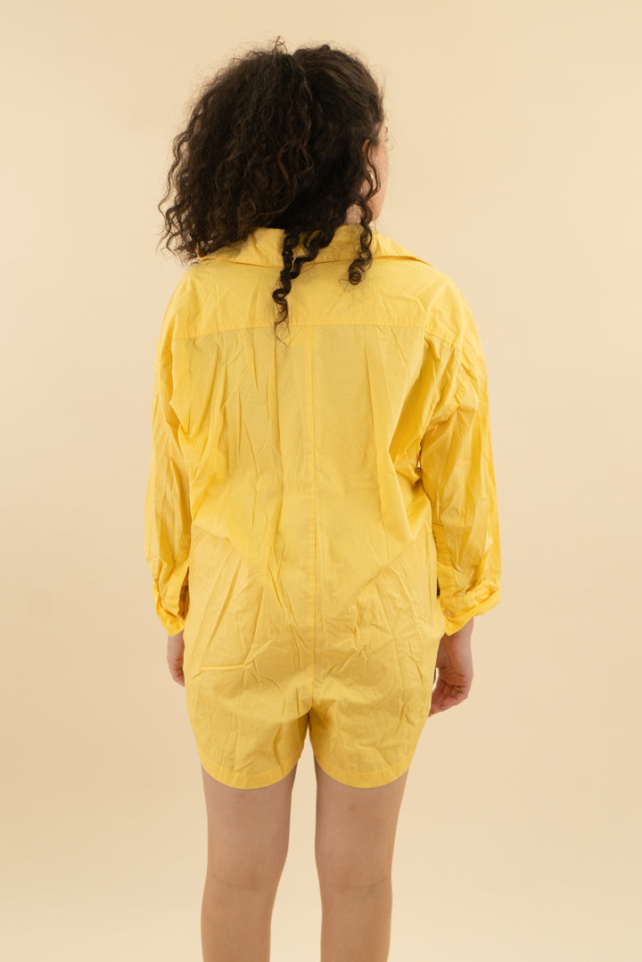 dee elly golden yellow button down romper (m; retail $88)