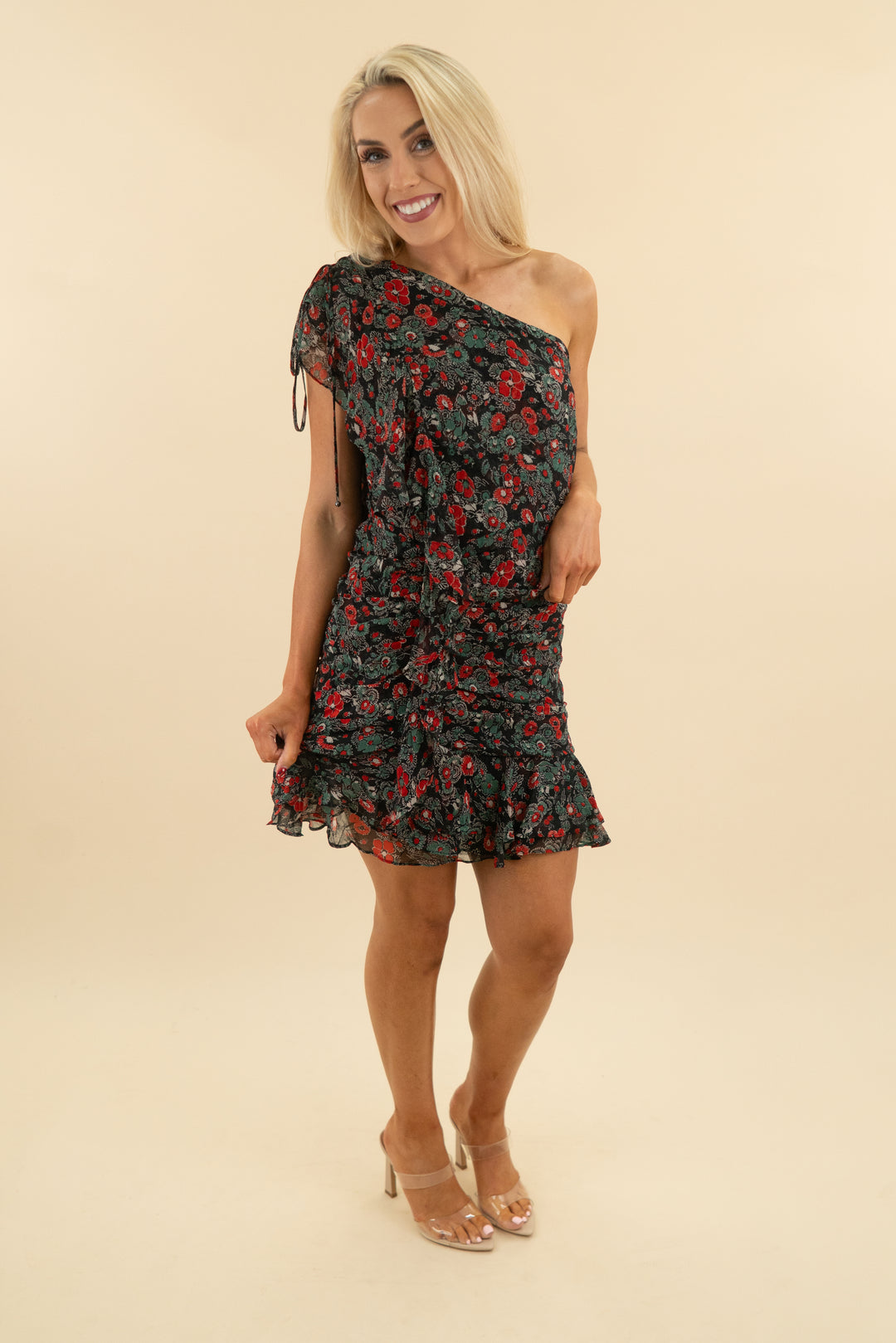 veronica beard black multi color floral one shoulder dress (8; retail $495)