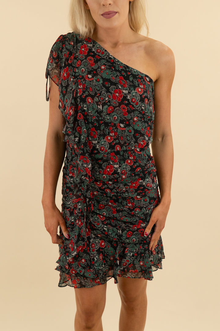 veronica beard black multi color floral one shoulder dress (8; retail $495)