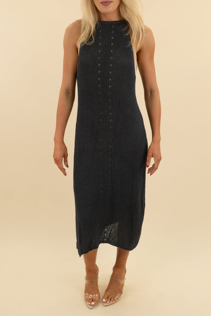 beulah dark blue knit sleeveless maxi dress (l; retail $105)