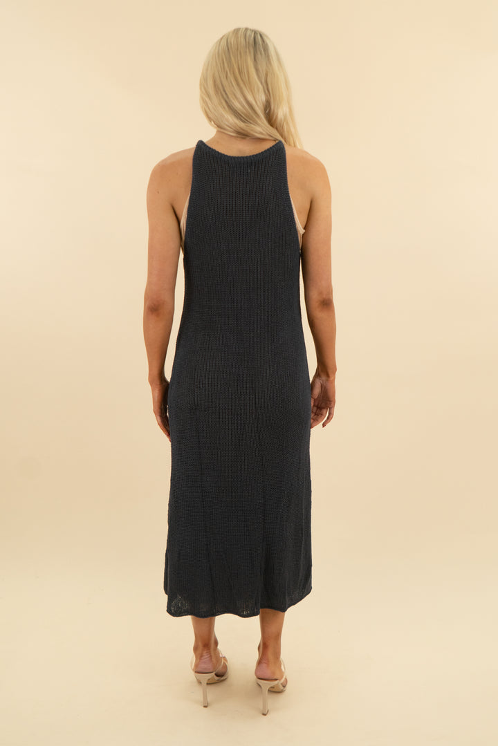 beulah dark blue knit sleeveless maxi dress (l; retail $105)