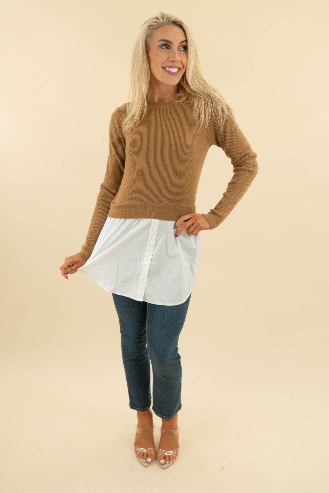 elie tahari brown sweater mixed media top (m; $198)