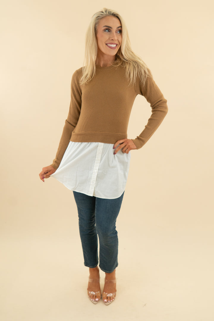 elie tahari brown sweater mixed media top (m; $198)