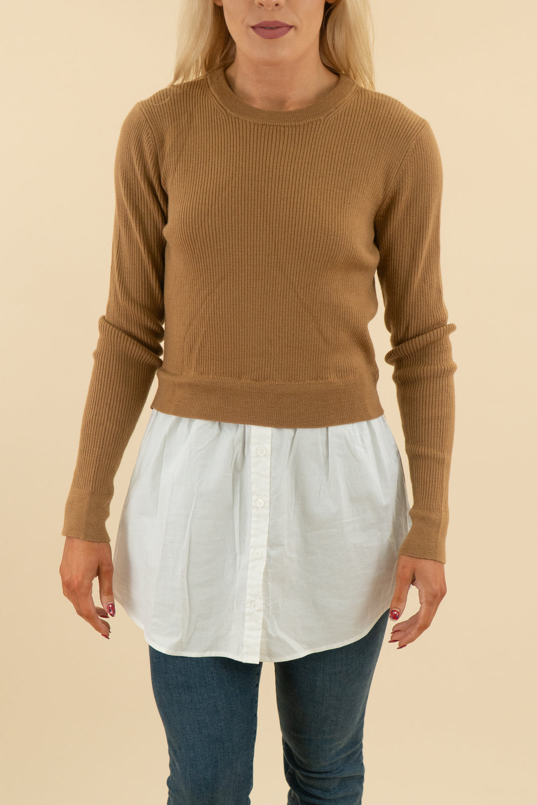 elie tahari brown sweater mixed media top (m; $198)