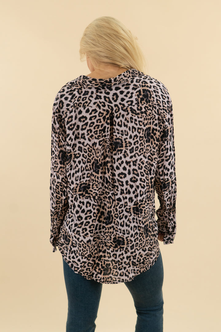 mikoh purple leopard button down top (3; retail $184)