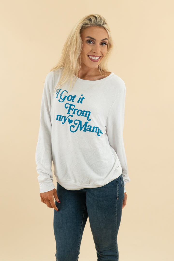 49. wildfox white got it from my mama pullover (m; retail $68)