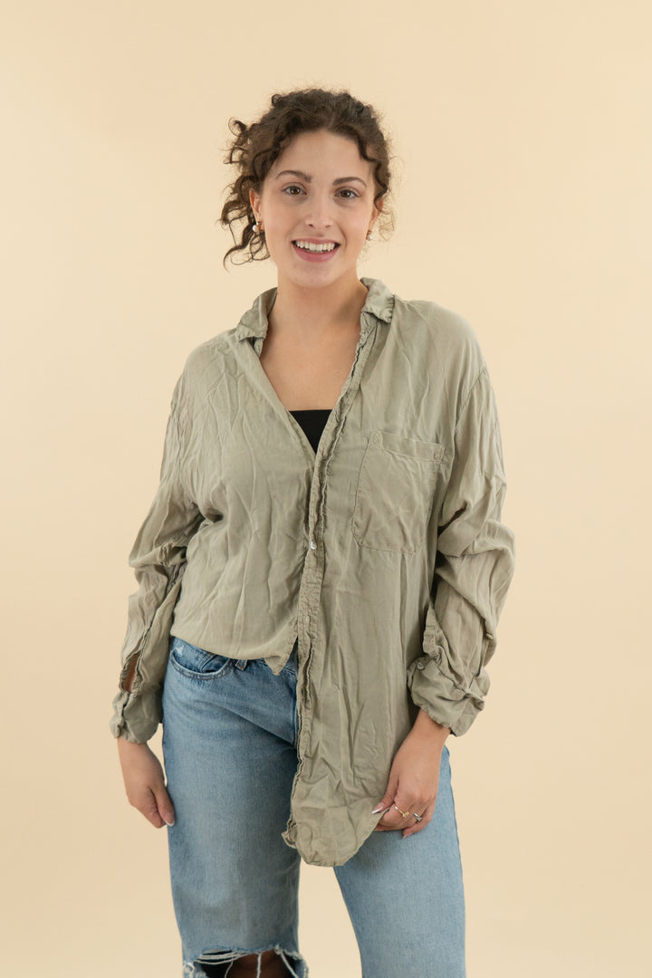zara sage green long sleeve button down top (l; retail $58)