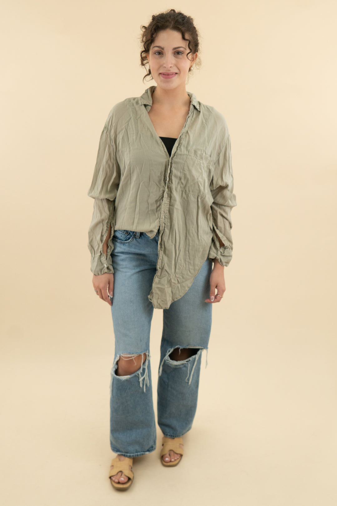 zara sage green long sleeve button down top (l; retail $58)