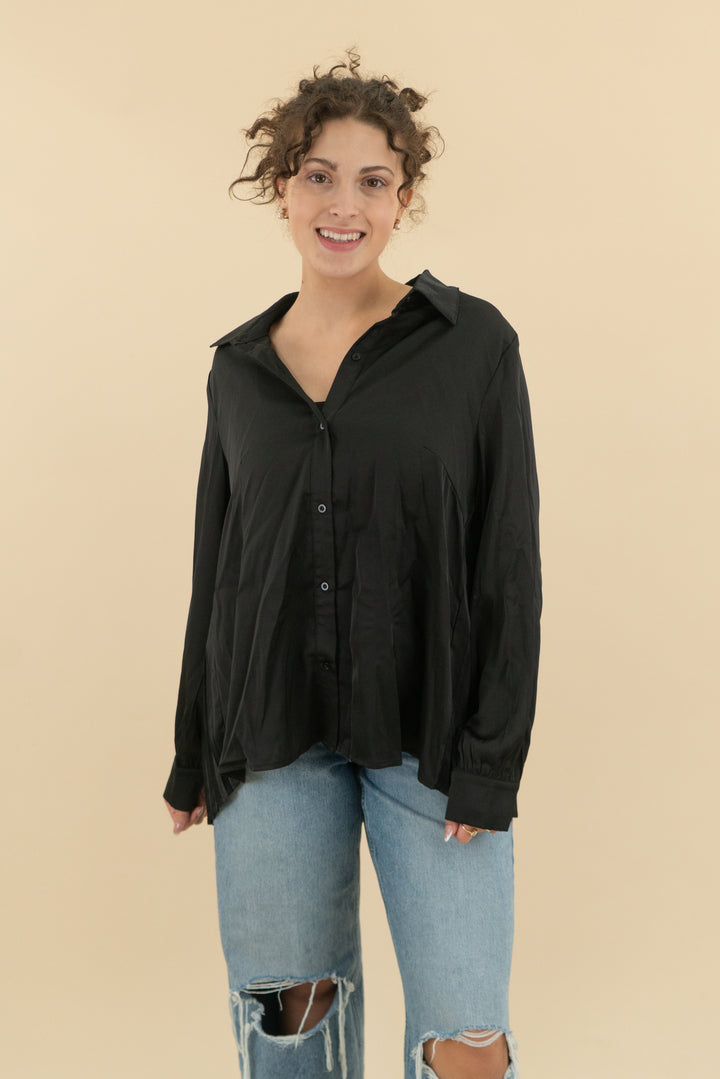 strut & bolt black satin button down top nwt (m; retail $58)
