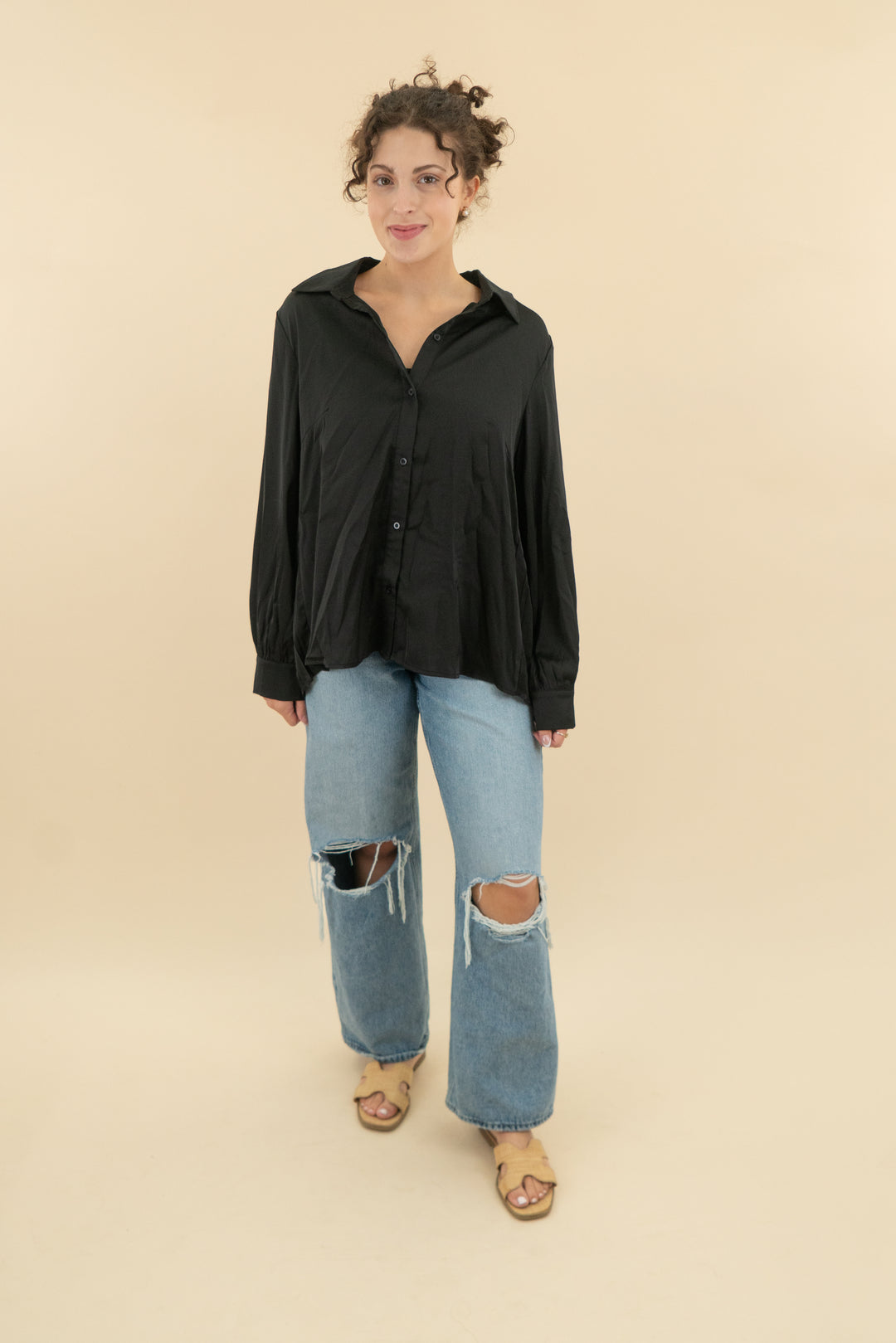strut & bolt black satin button down top nwt (m; retail $58)