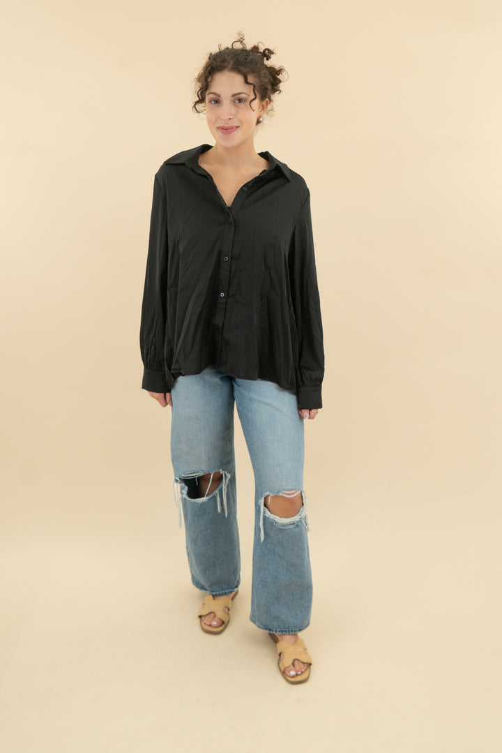 strut & bolt black satin button down top nwt (m; retail $58)