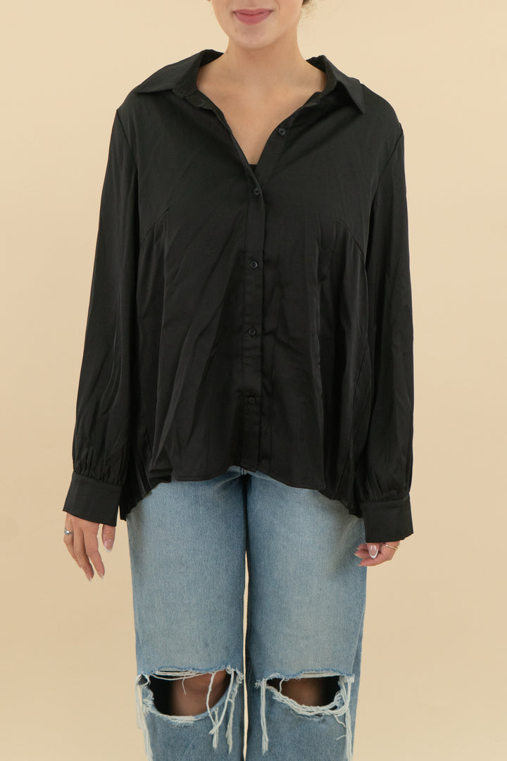 strut & bolt black satin button down top nwt (m; retail $58)