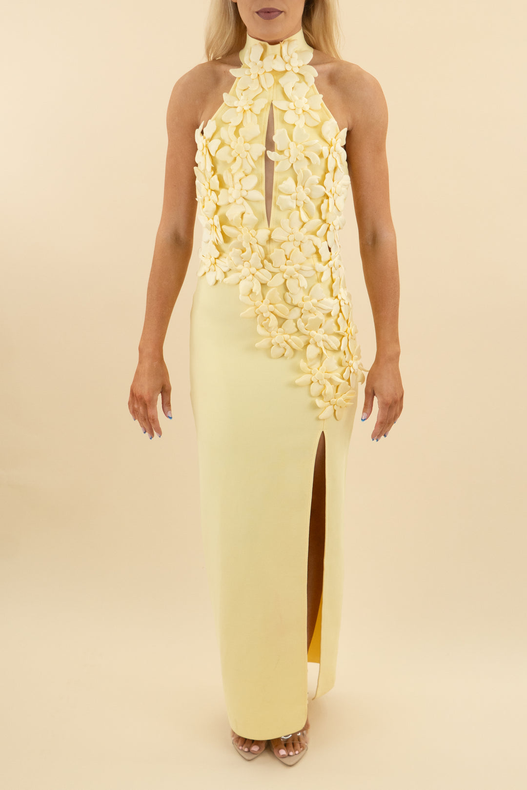 violet aurora butter yellow bandage halter neck 3D floral maxi (s; retail $132)