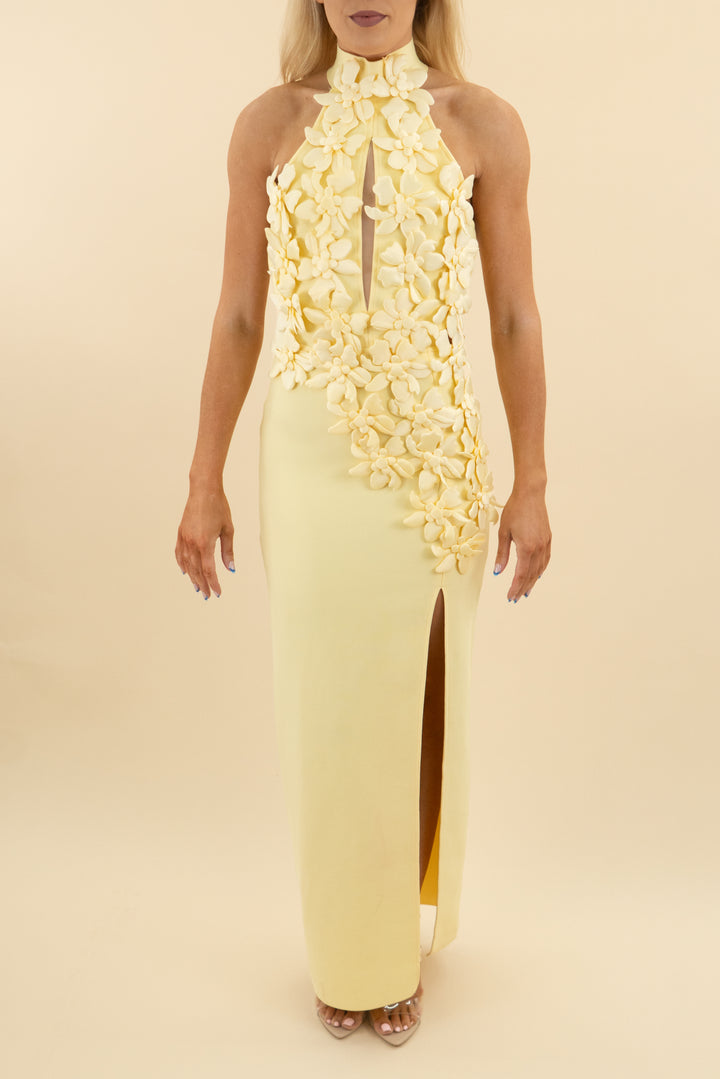 violet aurora butter yellow bandage halter neck 3D floral maxi (s; retail $132)