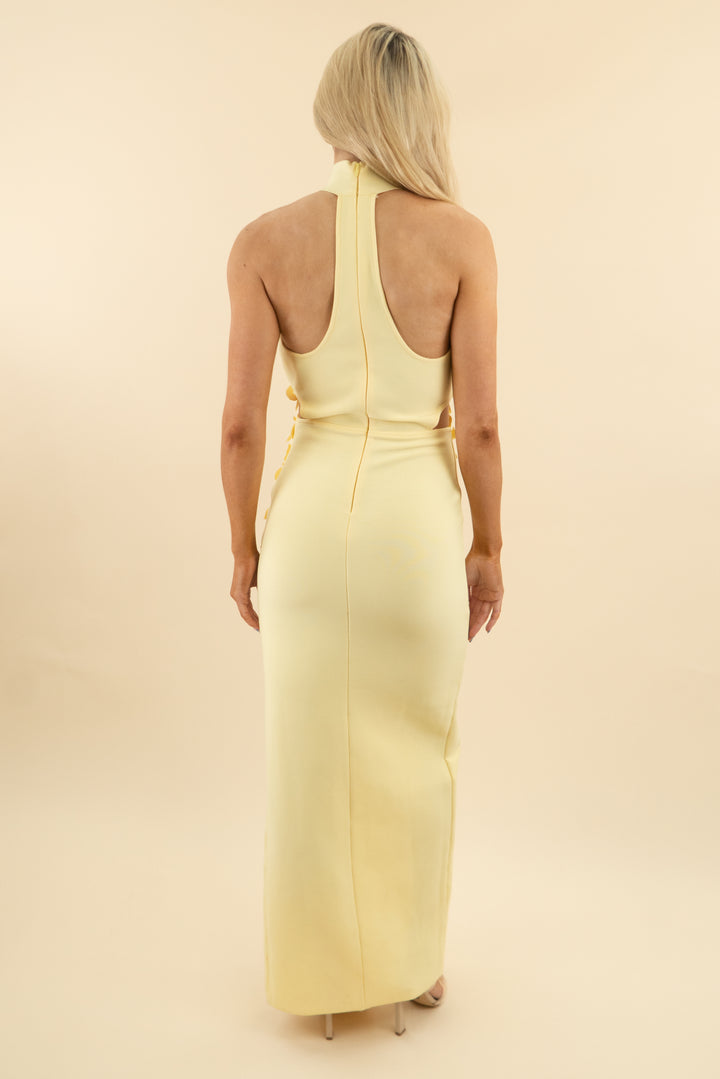 violet aurora butter yellow bandage halter neck 3D floral maxi (s; retail $132)
