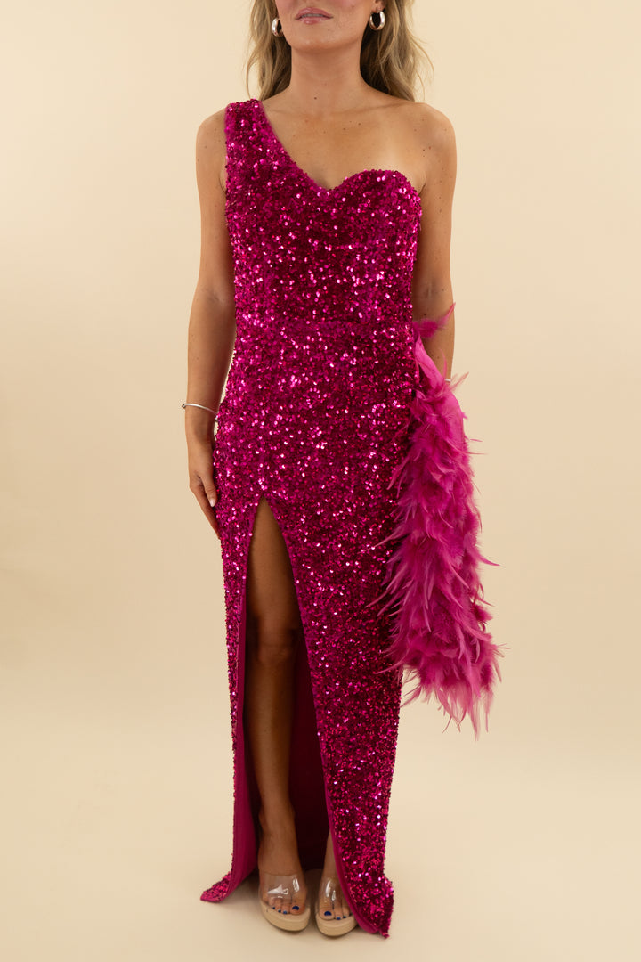 banjul one shoulder pink sequin feather trim dress (m)