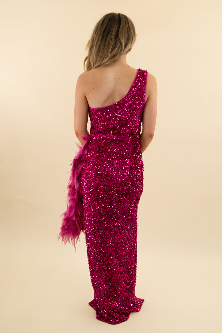 banjul one shoulder pink sequin feather trim dress (m)