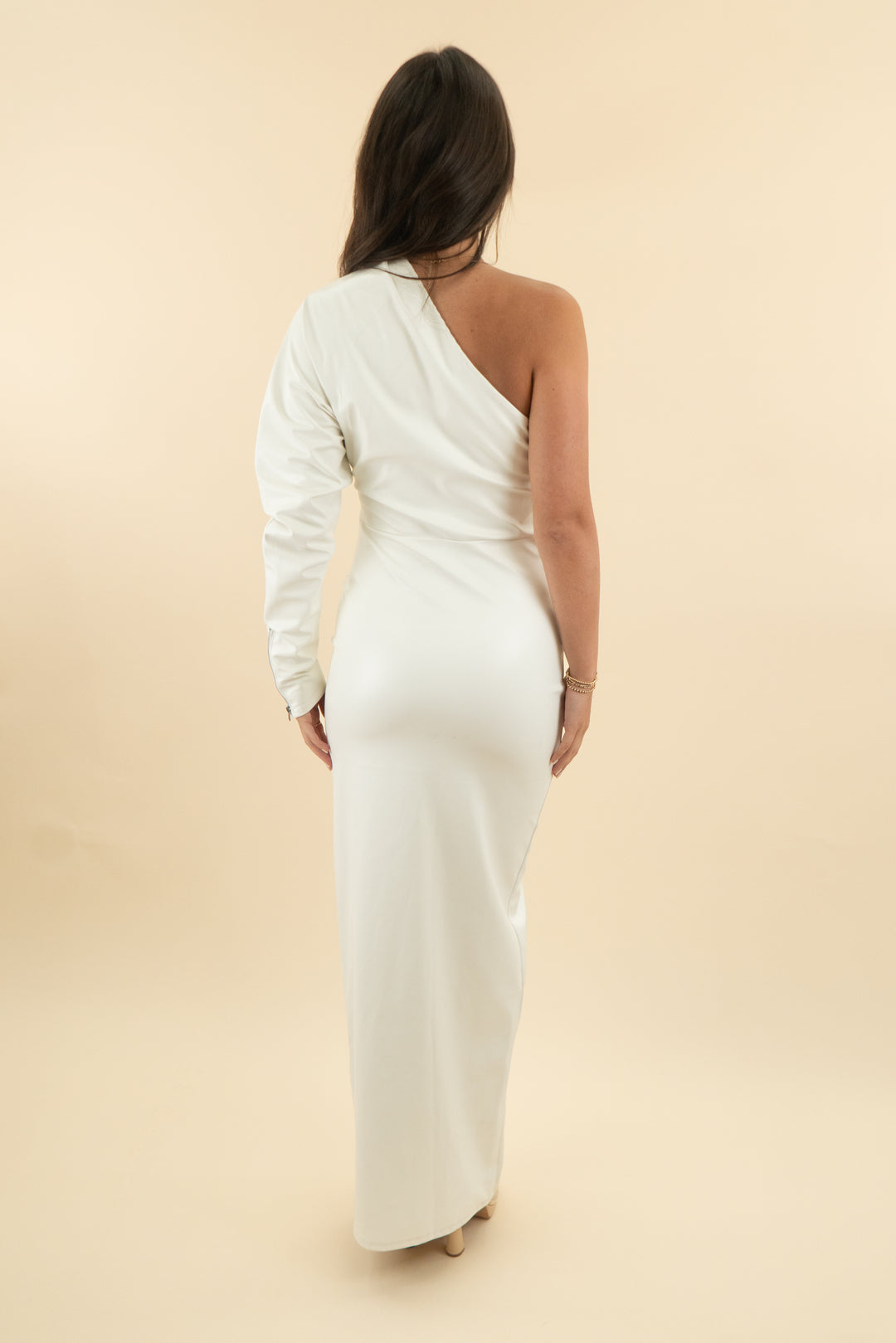 fashion nova off white vegan leather one shoulder maxi dress nwt (s)
