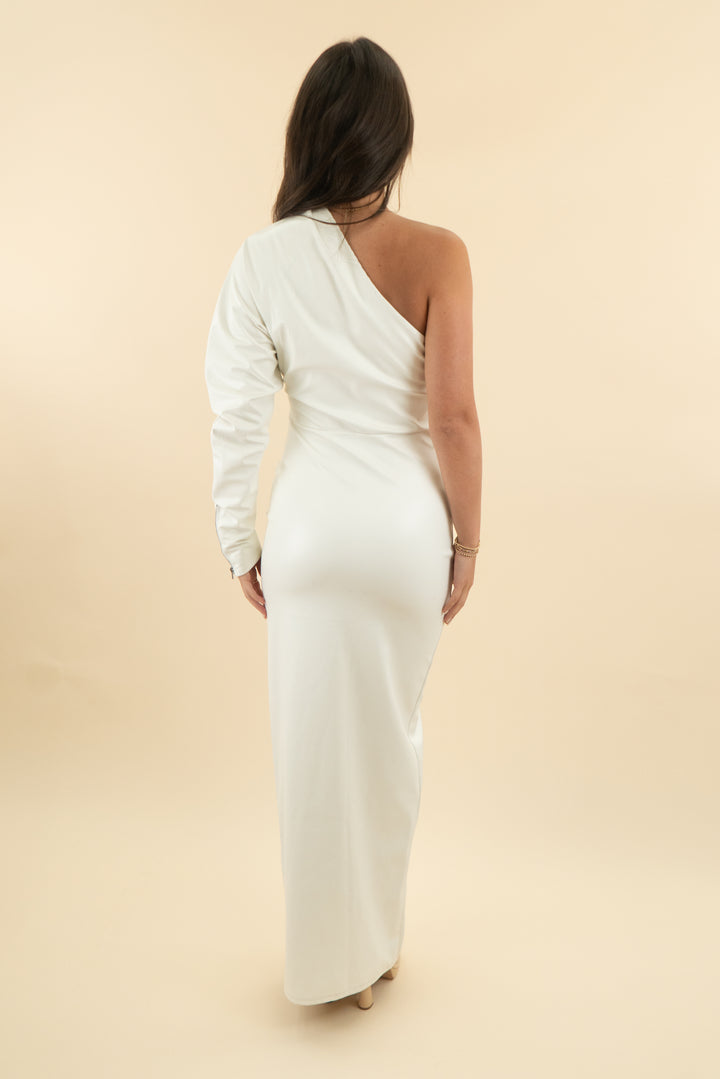 fashion nova off white vegan leather one shoulder maxi dress nwt (s)