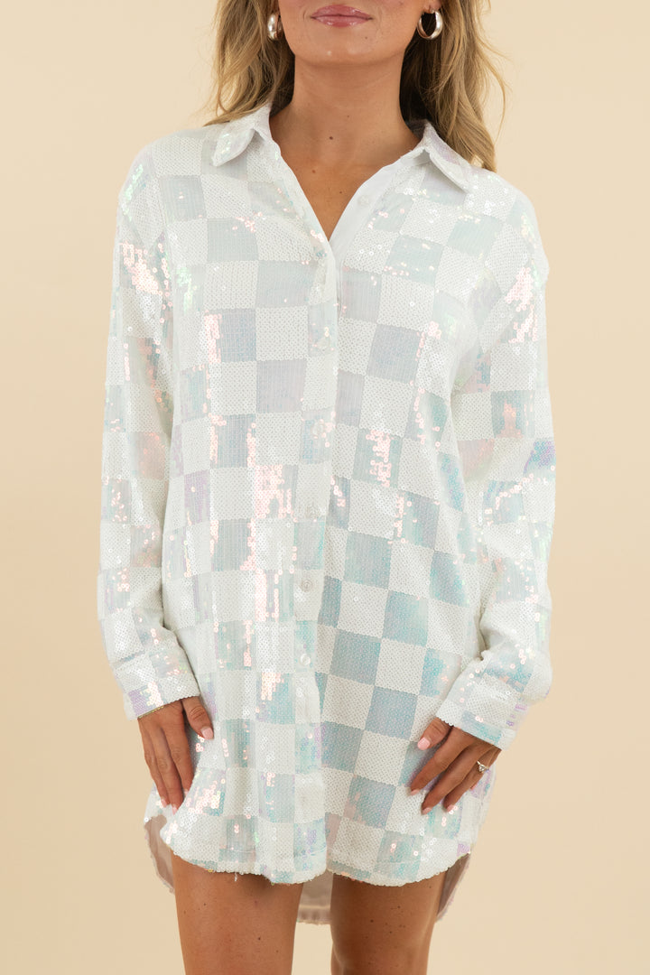 style rack white checkerboard sequin dress (s)